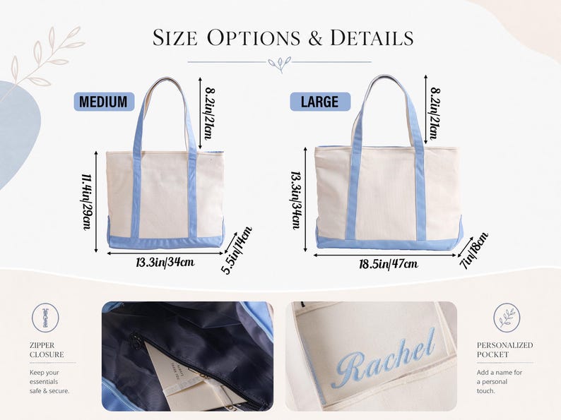 May include: Two canvas tote bags in medium and large sizes with light blue trim. Medium bag measures 11.4in by 13.3in by 5.5in. Large bag measures 13.3in by 18.5in by 7in. Features include a zipper closure and a personalized pocket with the name Rachel.