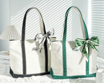Custom Text Tote Bag,Beach Tote Bags, Personalized Name Tote Bag, Embroidered Name Bridesmaid Gifts, Canvas Tote Bag with Ribbons Decorated