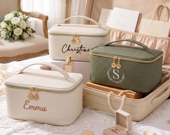 Embroidered Name Leather Makeup Bag,Custom Travel Toiletry Bag,Large Capacity Cosmetic Bag,bridesmaid gift