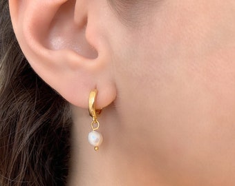 Gold Mini Pearl Hoop Dangling Thick Earrings Minimalist Wedding Jewelry for Bride - Gold Plated 925 Silver - Dainty Gold Plated Earring