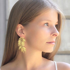 Gold Palm Leaf Earrings, Dangle Botanical Statement Earrings, Tropical Summer Wedding Jewelry, Gold Plated 925 Silver,Bridesmaids Gifts