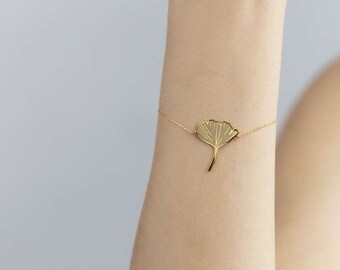 Ginkgo Leaf Bracelet with Beige Color and Adjustable Chain- 18K Gold Vermeil & Laser Enamel, Plant Mom Gift,