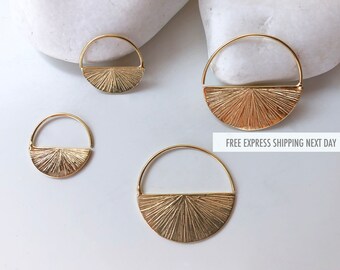 Half Circle Geometric Textured Gold Plated Thin Hoop Earrings - Gold Statement Earrings Handmade Earrings - Gold Plated 925 Silver