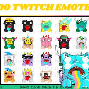 May include: A collection of 100 Twitch emotes featuring cartoon pug dogs with various expressions and accessories. The emotes are in a grid layout, with a large, detailed pug at the bottom right. Text at the top reads "100 TWITCH EMOTES".