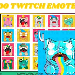May include: A grid of 100 colorful Twitch emotes featuring a cartoon pug with different expressions and accessories. The emotes are arranged in a 10x10 grid. The text "100 Twitch Emotes" is at the top of the image. The text "IG: nlffxiii" is at the bottom left of the image. The text "500x500 320x320 256x256 112x112 56x56" is at the bottom right of the image.