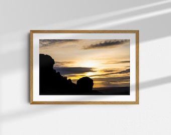 High resolution photographic print of a couple enjoying sunset at the Cow and Calf rocks on Ilkley Moor, Yorkshire
