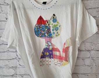 Patchwork Quilted Cat Tee - Hand-stitched, Size Large