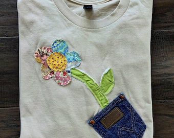 One-of-a-kind, Patchwork Flower Quilted Tee. Unisex Size XL