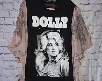 Repurposed Dolly Graphic Tee with Batwing Rayon Sleeves – Boho Upcycled Top