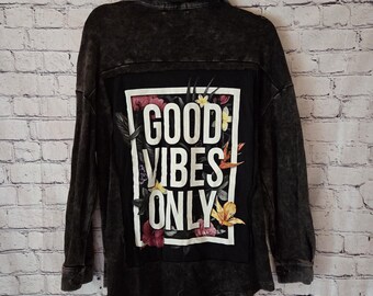 Upcycled Shirt Jacket: Whitewashed Black, Good Vibes Only, Size Medium