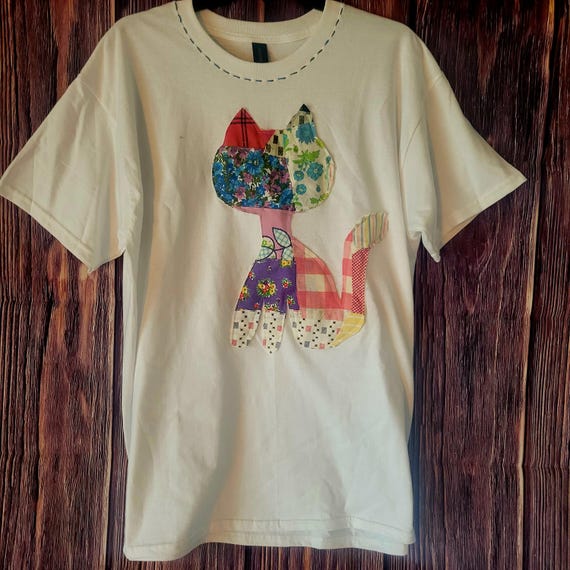 Patchwork Quilted Cat Tee - Hand-stitched, Size Large