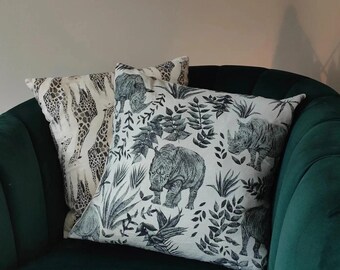 Hand-Drawn Rhino Print Cushion Cover – Nature Inspired Cotton Throw Pillow