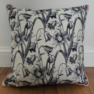 Spring Flowers Cushion Cover - Nature Inspired Hand-Drawn Grey Floral Cushion Cover with Piping and Zip  featuring Daffodils and Tulips