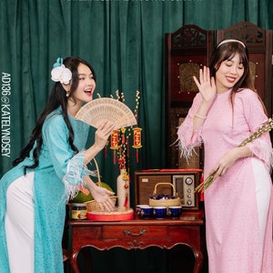 Round Neck Brocade Pearl Gam Set Vietnamese Women Modern Ao Dai Cach Tan Set,Lunar New Year Dress,Ao Dai Gam Tay Long Vu,Loose Fit,Gifts