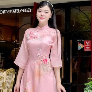 Pink Flowers Embossed Pre-made Vietnamese Women Modern Ao Dai Cach Tan Set with Pants,Lunar New Year Dress Ao Dai,Ao Dai Ket Hoa | AD117
