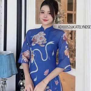 Pre-made Blue Vietnamese Women Modern Ao Dai Cach Tan Set with Pants,Lunar New Year Dress Ao Dai Truyen Thong,Ao Dai 3D Dinh Cuom,Cute Gifts