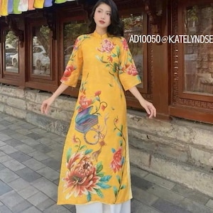 Pre-made Yellow or Apricot Vietnamese Women Modern Ao Dai Cach Tan Set with Pants,Lunar New Year Dress Ao Dai Truyen Thong,Ao Dai 3D Gifts