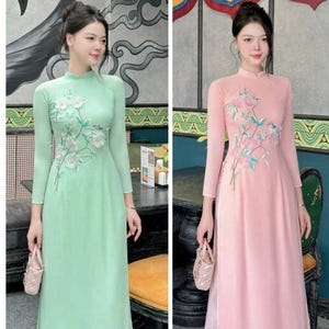 Flowers Embossed Pre-made Vietnamese Women Modern Ao Dai Cach Tan Set with Pants,Lunar New Year Dress Ao Dai,Ao Dai Ket Hoa,Gifts | AD104