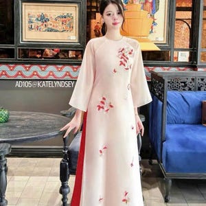 AD105 | Embroidery Organza Ao Dai Pre-made Vietnamese Women Modern Tet Ao Dai Cach Tan Set with Pants,Lunar New Year Dress Ao Dai, Gifts
