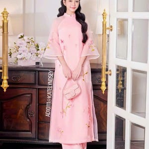 Pink Pre-made Vietnamese Women Modern Flowers Embellishment Ao Dai Cach Tan Set with Pants,Lunar New Year Dress Ao Dai,Ao Dai Dinh Hoa,Gifts