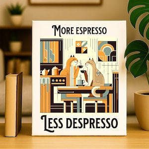 Stampa murale con gatto "Più espresso, meno espresso", poster sul caffè, decorazione da cucina, arte retrò, unica, affermazioni positive, citazione, regalo per amanti dei gatti