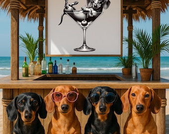Svart tax i en martini väggkonst, tryck, rolig hundposter, modern hundväggkonst, hundälskare, daschund-affisch, rolig badrumsväggkonst