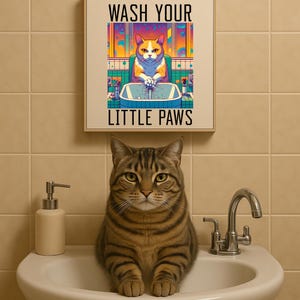 Lavez-vous les pattes, impression de chat drôle, affiche de chat mignon, art mural pour salle d'eau pour enfants, cadeau catlover, décoration de salle de bain minimaliste, art de chats unique