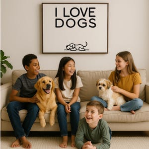 Poster stampabile "Amo i cani", regalo per amanti dei cani, arte murale con cani disegnati male, poster con illustrazione di cani, regalo per amici cinofili, cane divertente con estetica canina