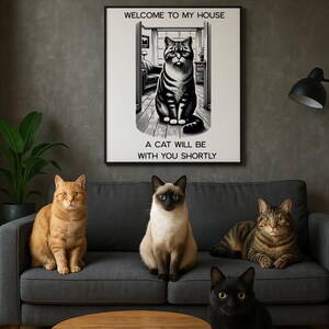 Divertente poster di benvenuto, stampa di un gatto divertente, amante dei gatti, stampabile con un gatto per il bagno, decorazione originale, regalo per mamma gatta. Regalo per amanti dei gatti, decorazione murale con un gatto.