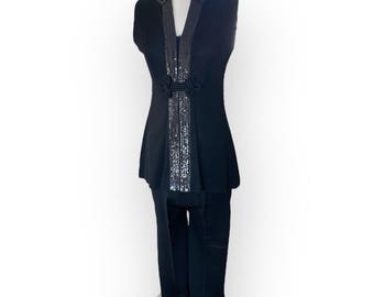 ヴィンテージ 70年代 ノースリーブ スパンコール イブニングパンツ セット ブラック レディース サイズ12 レトロ グラム