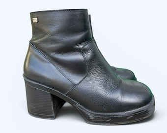 Vintage Y2K Chunky Block Heel Plateau Ankle Boots Schwarz Leder M&C Womens 40