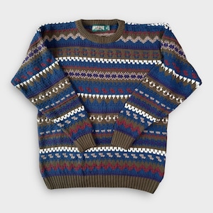 May include: A vintage crew neck sweater with a patterned design. The sweater features a blue base with white, red, and brown geometric patterns. The collar and cuffs are a solid olive green color.