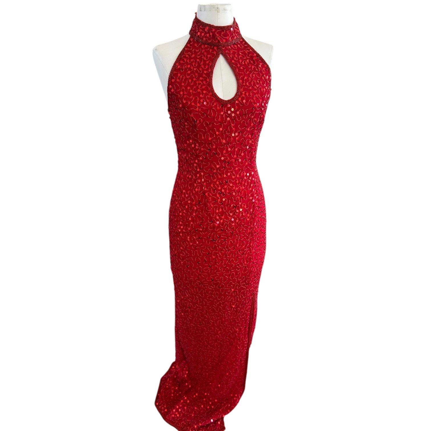 scala red sequin dress SCALA -80126 V-Neck Side Cut Out Sequin Sheath Dress 8 / RED