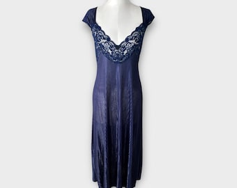Vintage Petra Fashions Maxi Nightgown with Lace Panel Women's sz Large Navy Blue