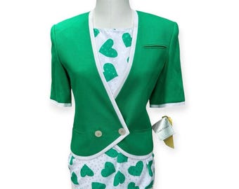 Vintage Louis Féraud NWT Heart Print Layered Blouse Jacket Top Green Size US 4
