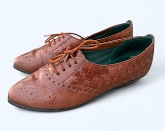 Scarpe Oxford in pelle intrecciata con punta a punta e lacci VTG Manelli 6 Preppy Hipster Boho