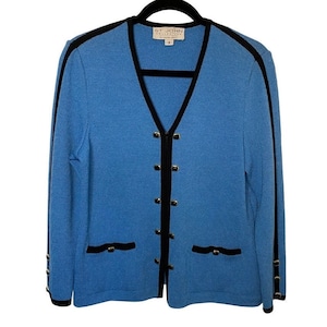 Vintage rare St. John Collection Knit Blazer Empire Blue with Black Wool Blend Zip Up Jacket Cardigan with black and gold buttons Size 4