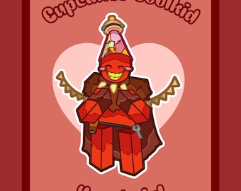 May include: A red block-style character keychain featuring a wide grin, a brown cape, and a party hat with a cupcake topper. The text Cupcakes Coolkid and Keychain! appears in a rounded font against a pink heart and a solid red background.