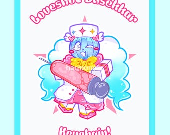 May include: A keychain featuring a cartoon character with a blue head, wearing a white nurse cap and coat, holding a large pink syringe. The text reads "Loveshot Dusekkar" at the top and "Keychain!" at the bottom, set against a light blue background.