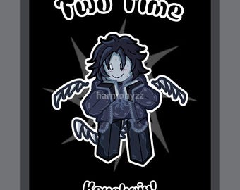 May include: A black and white graphic illustration of a stylized character with dark hair, wings, and a tail, wearing a dark jacket. The text "Two Time" appears above the character, and the word "Keychain!" is printed below on a black background.
