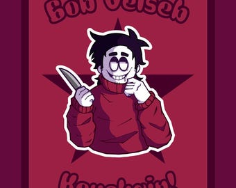 May include: A graphic illustration of a character named Bob Velseb wearing a red turtleneck sweater, holding a silver knife, and smiling with a drool drop. The background features a dark red star and the text Bob Velseb Keychain!