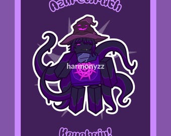 May include: A purple and black character illustration featuring the text Azurewrath and harmonyzz with a keychain label. The figure wears a dark pointed hat with a glowing face, has multiple tentacles, and a glowing pink circular symbol on its chest.