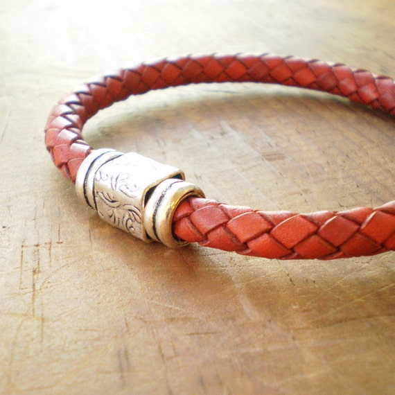 Items similar to Red Leather Bracelet 6mm Braided Leather with Magnetic ...