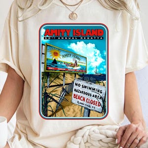 Camiseta de Tiburón Amity 1975, Camiseta de Isla Amity, Regalo inspirado en la película, Camiseta de algodón para cinéfilos, Camiseta retro de verano, Camiseta vintage de playa