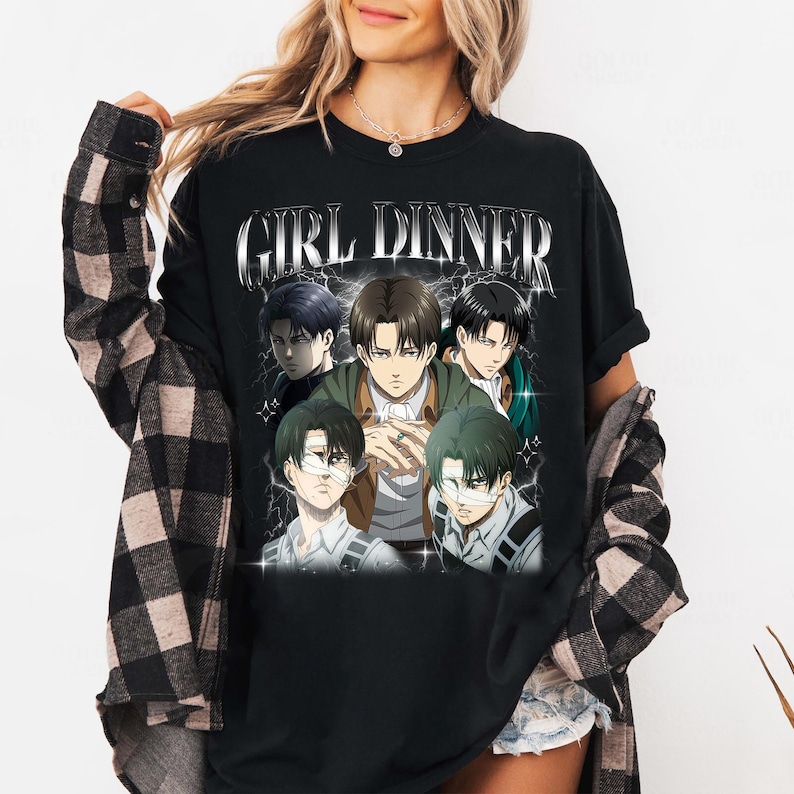 May include: Black t-shirt with a graphic print of five anime characters with the text "Girl Dinner" in silver letters.