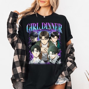 May include: Black t-shirt with a graphic print of five anime characters with the text "Girl Dinner" in a colorful, retro font.