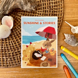 Sol e historias / Día de playa con conejo y tejón / Postal de verano / A6