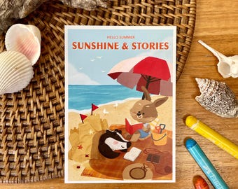 Soleil et histoires | Journée plage des lapins et des blaireaux | postale d&#39;été | A6