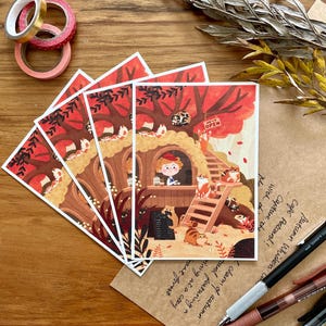 Herbst Schnurrhaare: Katzen im Baumhaus-Café Postkarte | Herbst Postkarte | DIN A6