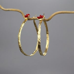 Extra Large Hammered Hoop Earrings, Carnelian Hoop Earrings, Gemstone Hoop Earrings, Organic XL Hoop Earrings - More Gemstones Available!